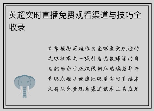英超实时直播免费观看渠道与技巧全收录